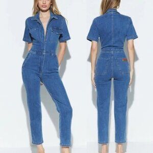River Utility Women's Rebel Jean Denim Jumpsuit Romper in Blue Size Medium